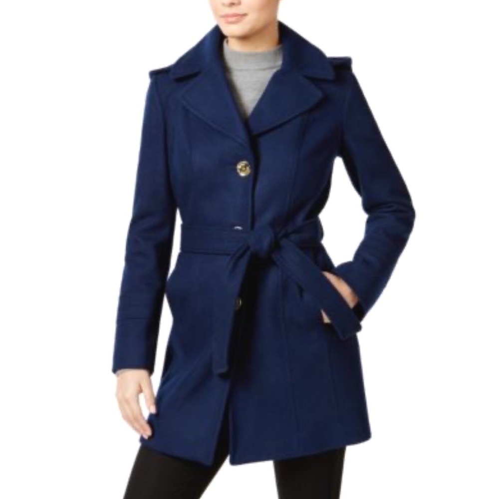 Michael Michael Kors Wool Blend‎ Hooded Walker Coat Button Navy Blue Size 4 EUC
